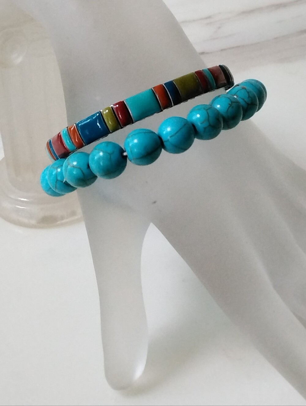 Southwesten Turquoise Beaded|Multi-Color Faux Flat Stone Stretch Bracelets Vtg